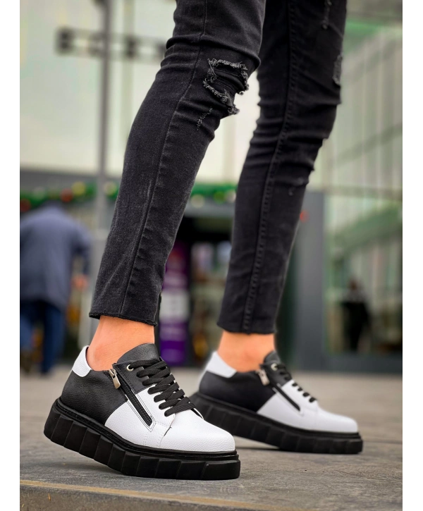 KB-X155 Kuback Beyaz Cilt Siyah Cilt Detaylı Siyah Yüksek Taban Günlük Spor Ayakkabı