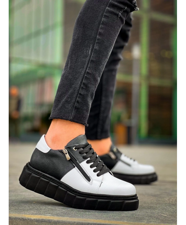 KB-X155 Kuback Beyaz Cilt Siyah Cilt Detaylı Siyah Yüksek Taban Günlük Spor Ayakkabı