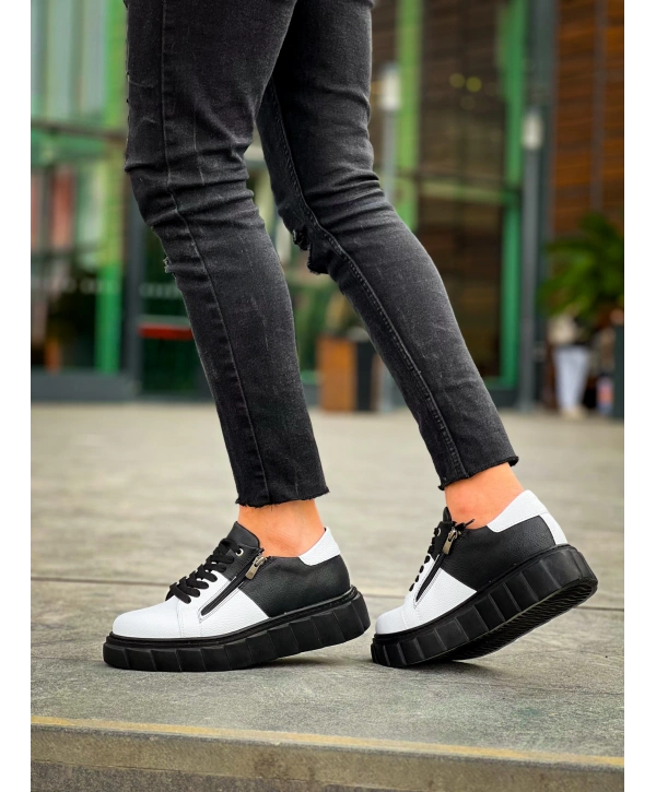 KB-X155 Kuback Beyaz Cilt Siyah Cilt Detaylı Siyah Yüksek Taban Günlük Spor Ayakkabı