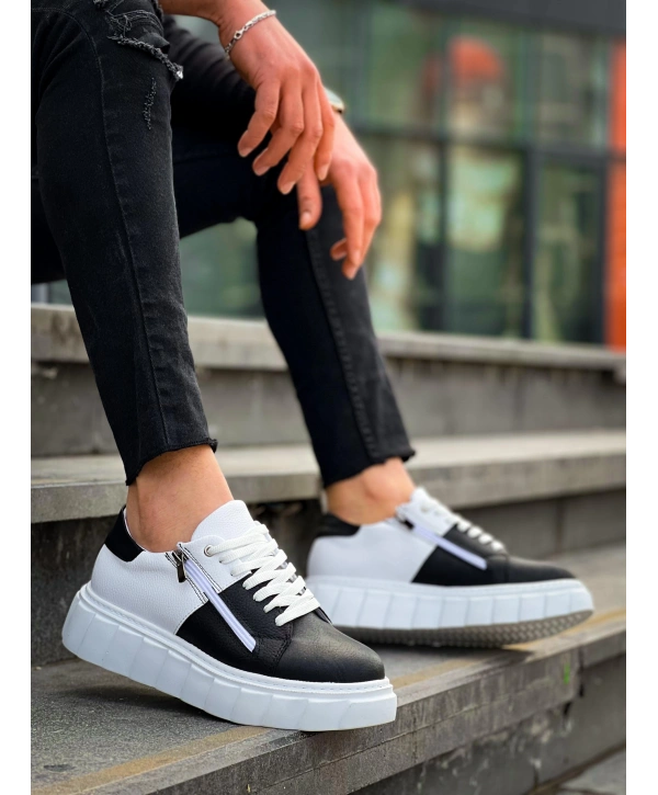 KB-X155 Kuback Siyah Cilt Beyaz Cilt Detaylı Beyaz Yüksek Taban Günlük Spor Ayakkabı