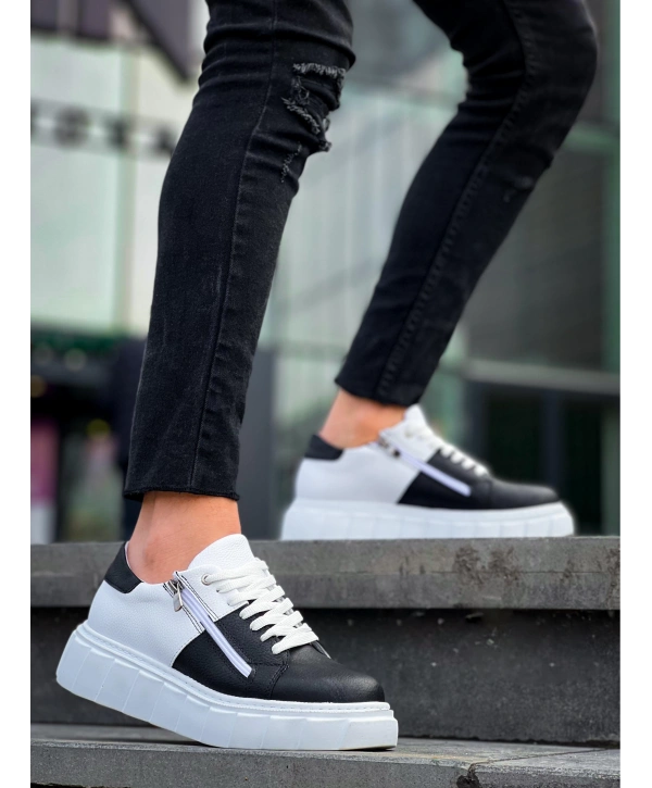KB-X155 Kuback Siyah Cilt Beyaz Cilt Detaylı Beyaz Yüksek Taban Günlük Spor Ayakkabı