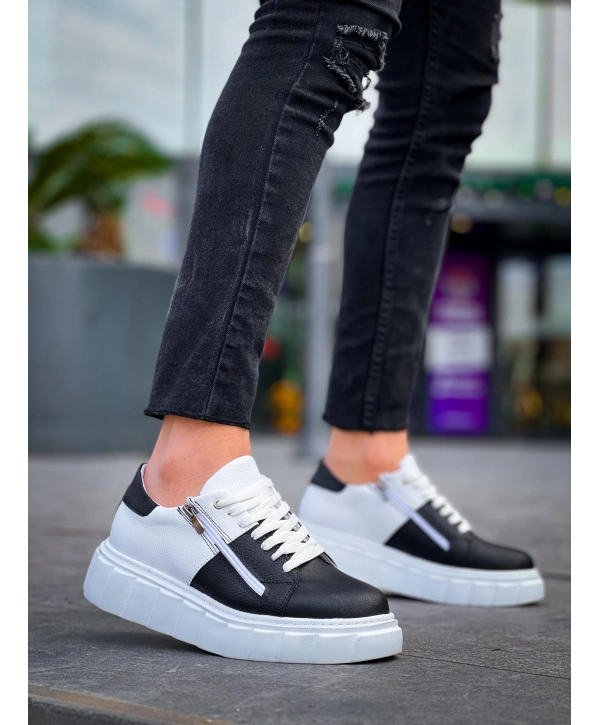 KB-X155 Kuback Siyah Cilt Beyaz Cilt Detaylı Beyaz Yüksek Taban Günlük Spor Ayakkabı
