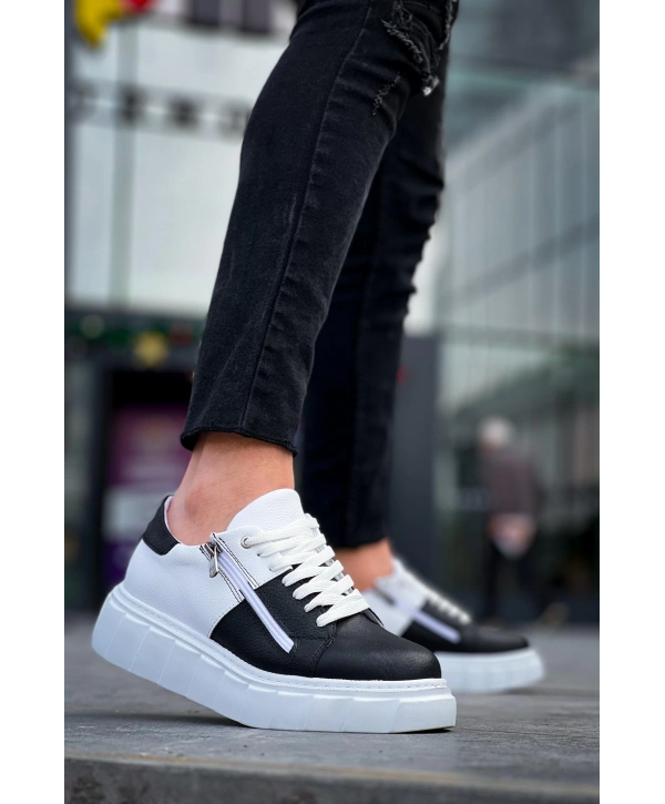 KB-X155 Kuback Siyah Cilt Beyaz Cilt Detaylı Beyaz Yüksek Taban Günlük Spor Ayakkabı