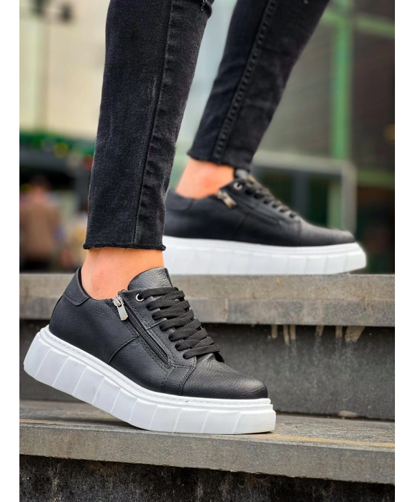 KB-X155 Kuback Siyah Cilt Detaylı Beyaz Yüksek Taban Günlük Spor Ayakkabı