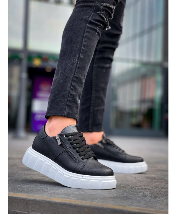 KB-X155 Kuback Siyah Cilt Detaylı Beyaz Yüksek Taban Günlük Spor Ayakkabı