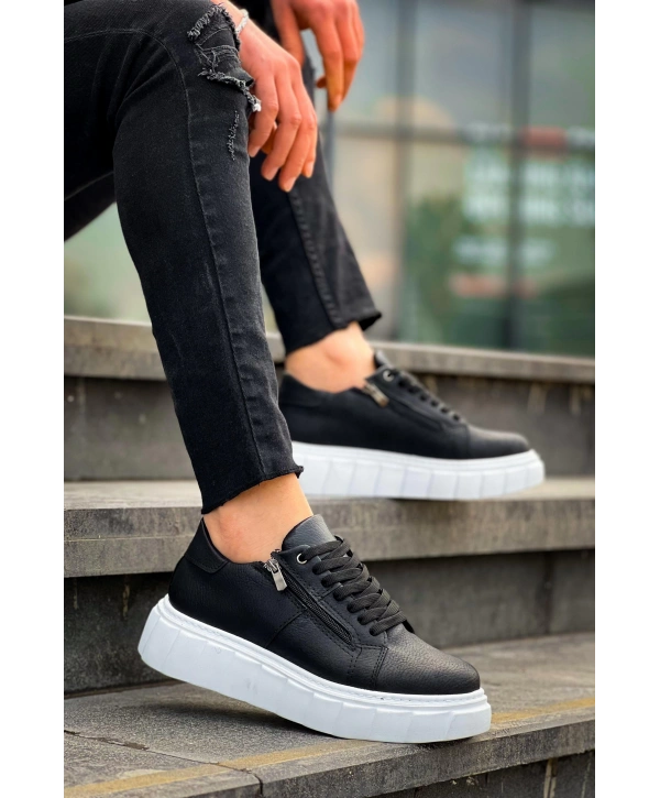 KB-X155 Kuback Siyah Cilt Detaylı Beyaz Yüksek Taban Günlük Spor Ayakkabı