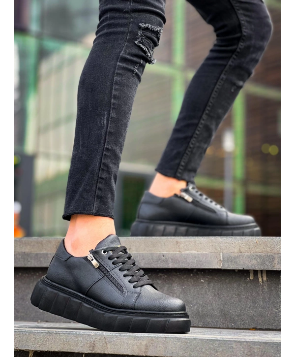 KB-X155 Kuback Siyah Cilt Detaylı Siyah Yüksek Taban Günlük Spor Ayakkabı