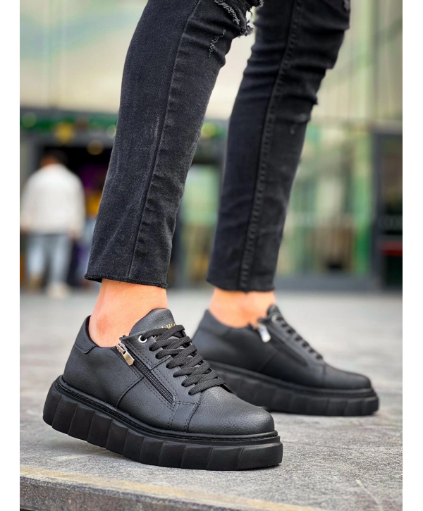 KB-X155 Kuback Siyah Cilt Detaylı Siyah Yüksek Taban Günlük Spor Ayakkabı