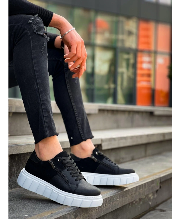 KB-X155 Kuback Siyah Cilt Siyah Süet Detaylı Beyaz Yüksek Taban Günlük Spor Ayakkabı