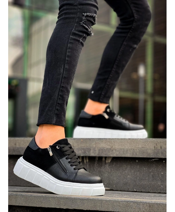 KB-X155 Kuback Siyah Cilt Siyah Süet Detaylı Beyaz Yüksek Taban Günlük Spor Ayakkabı