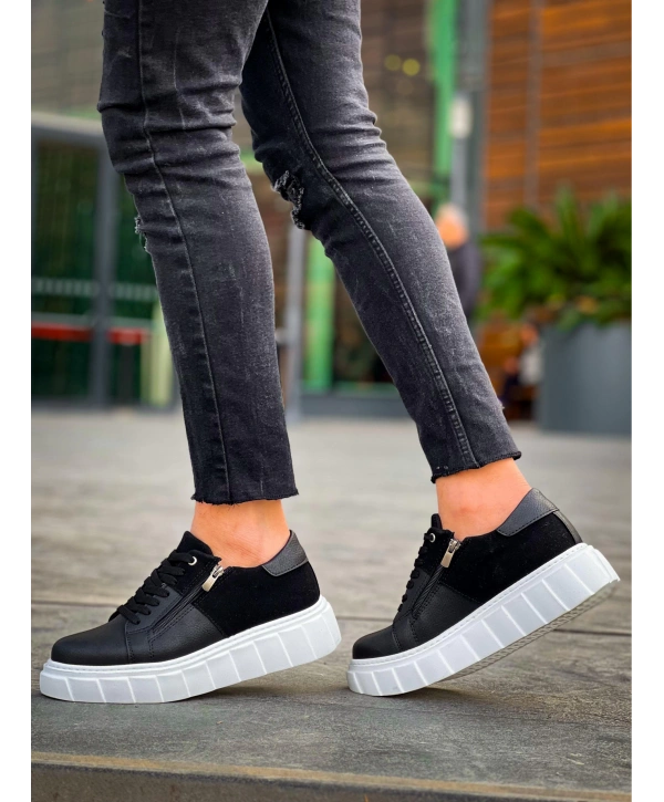 KB-X155 Kuback Siyah Cilt Siyah Süet Detaylı Beyaz Yüksek Taban Günlük Spor Ayakkabı