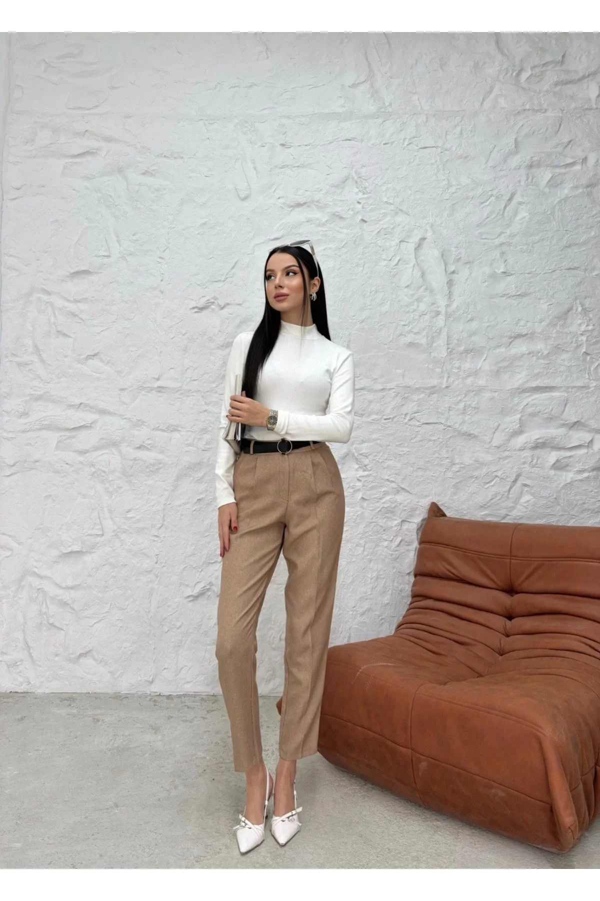 Kadın Yüksek Bel Straight Düz Kesim Pileli Klasik Kumaş Pantolon