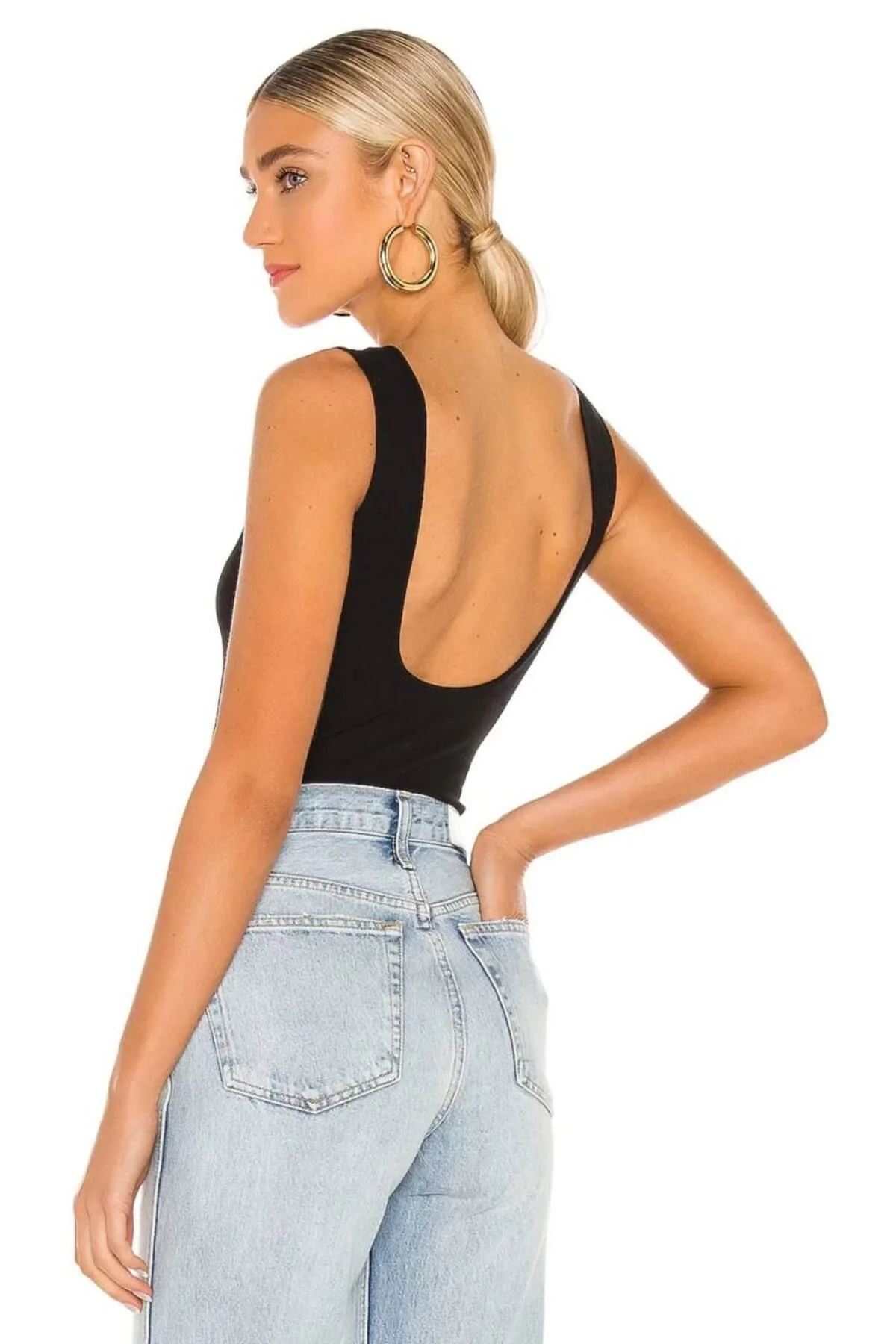 Kadın Derin Sırt Dekolteli Kolsuz Vücudu Saran Kaşkorse String Bodysuit - Siyah