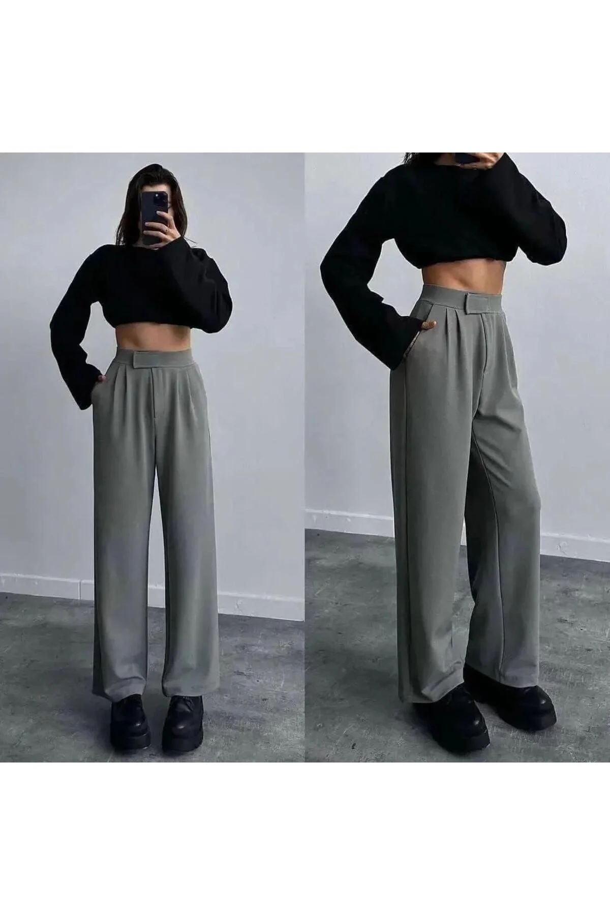 Kadın Gri Yüksek Bel Cırtlı  Pileli Bol Paça Palazzo Model Kumaş Pantolon