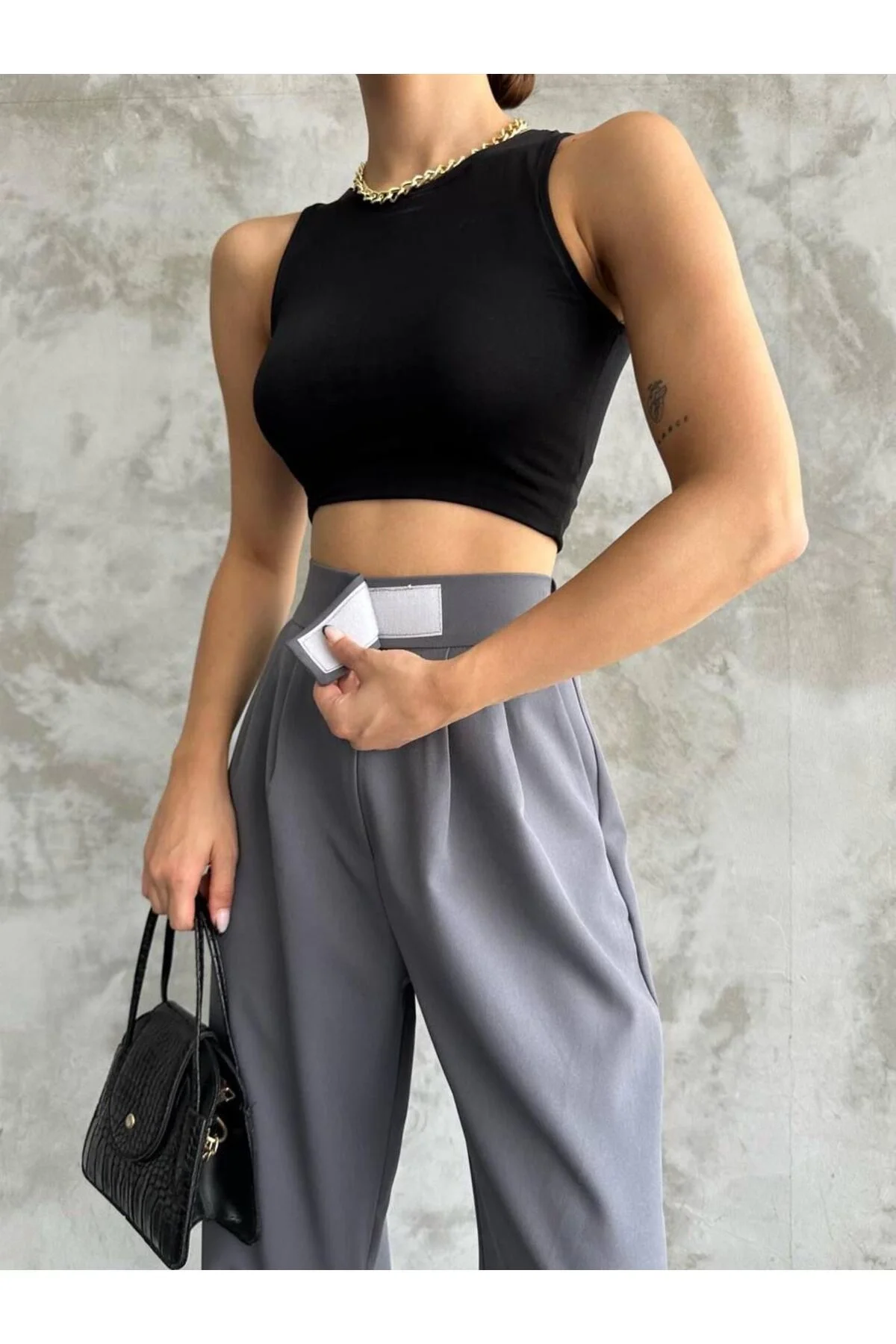 Kadın Antrasit Yüksek Bel Cırtlı Pileli Bol Paça Palazzo Model Kumaş Pantolon