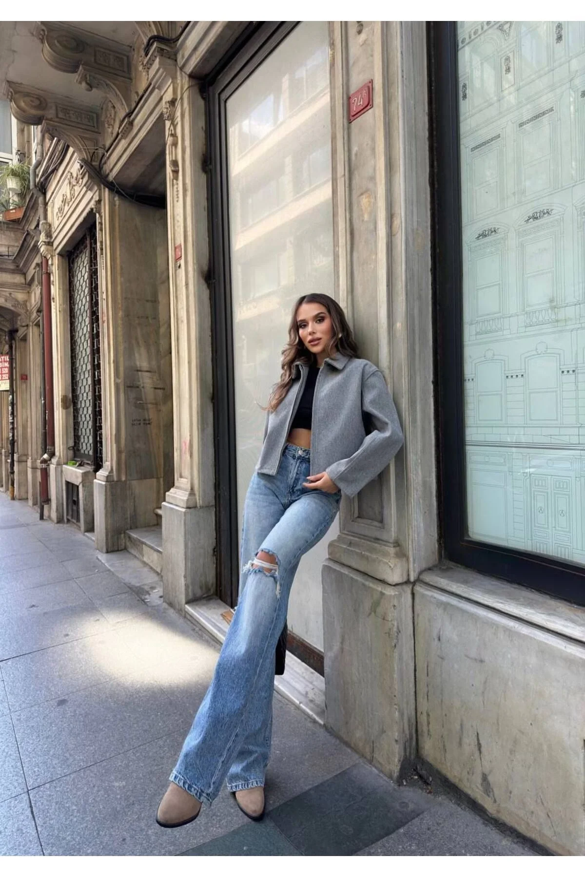 Kadın Gri Oversize Kısa Kalın Gömlek Yaka Fermuarlı Kaşe Kaban