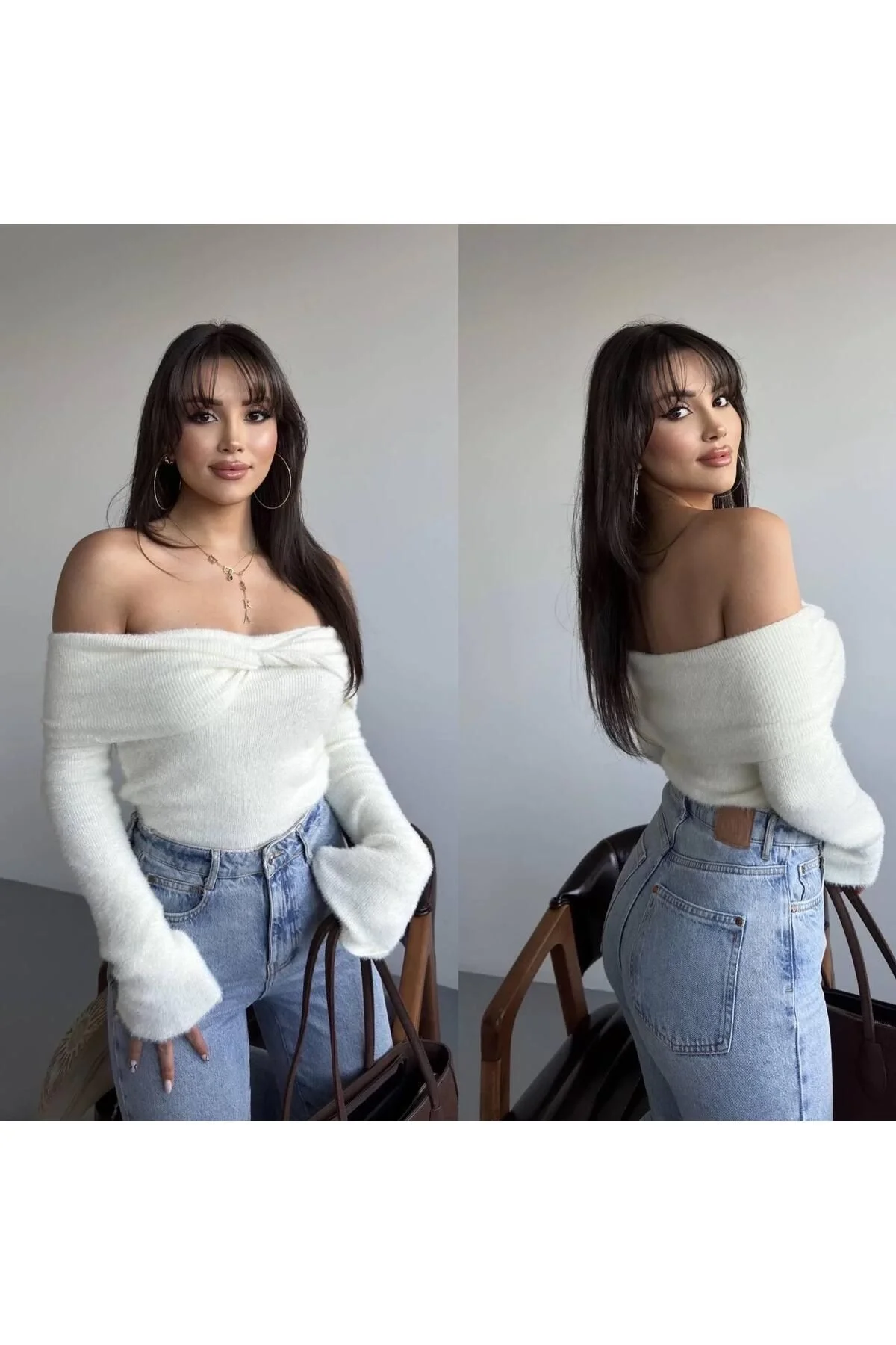 Kadın Düşük Omuz Kayık Yaka Çapraz Drapeli Uzun Kollu Triko Kazak - Beyaz