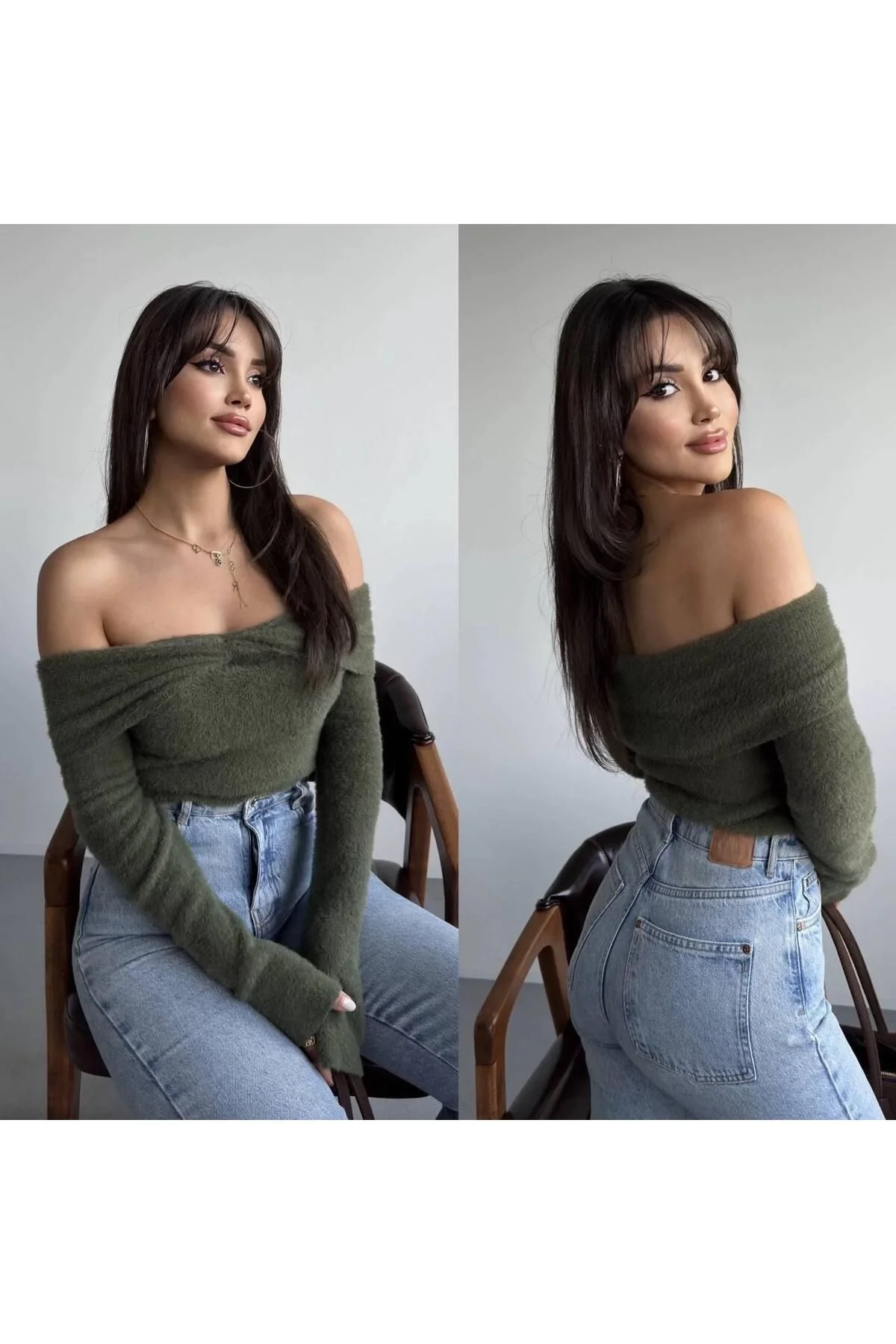 Kadın Düşük Omuz Kayık Yaka Çapraz Drapeli Uzun Kollu Triko Kazak - Haki