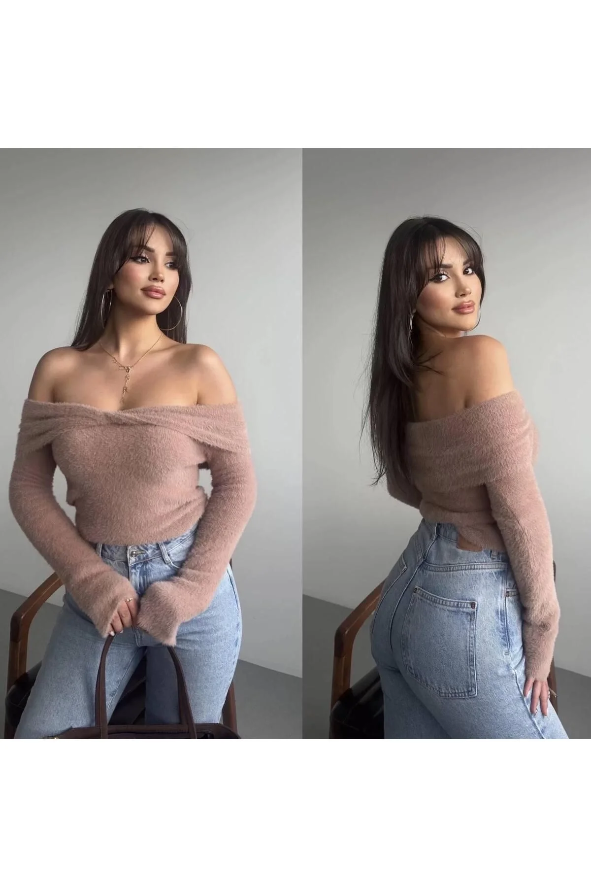 Kadın Düşük Omuz Kayık Yaka Çapraz Drapeli Uzun Kollu Triko Kazak - Pudra