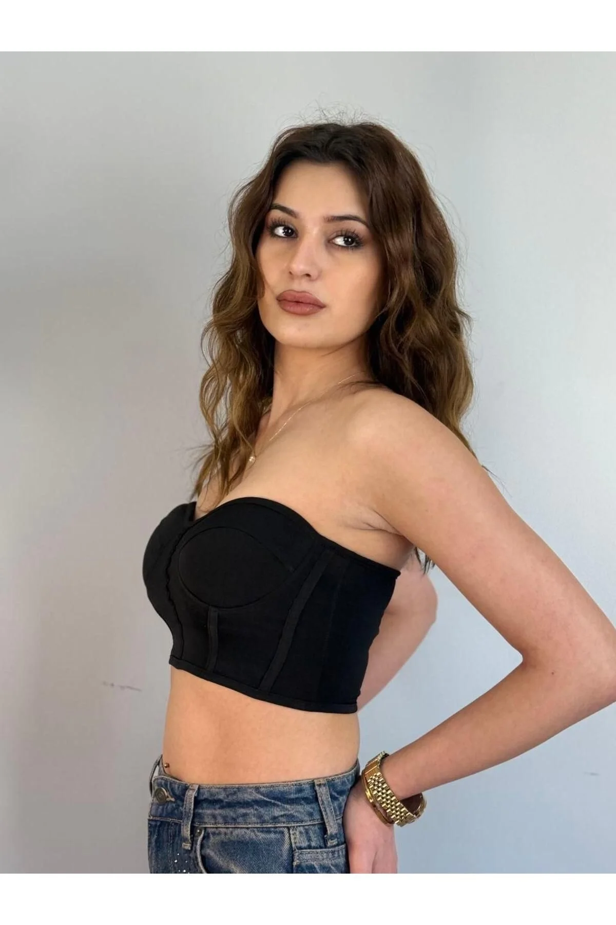 Kadın Straplez Kalp Yaka Korse Detaylı Scuba Kumaş Vücudu Saran Büstiyer Crop - Siyah