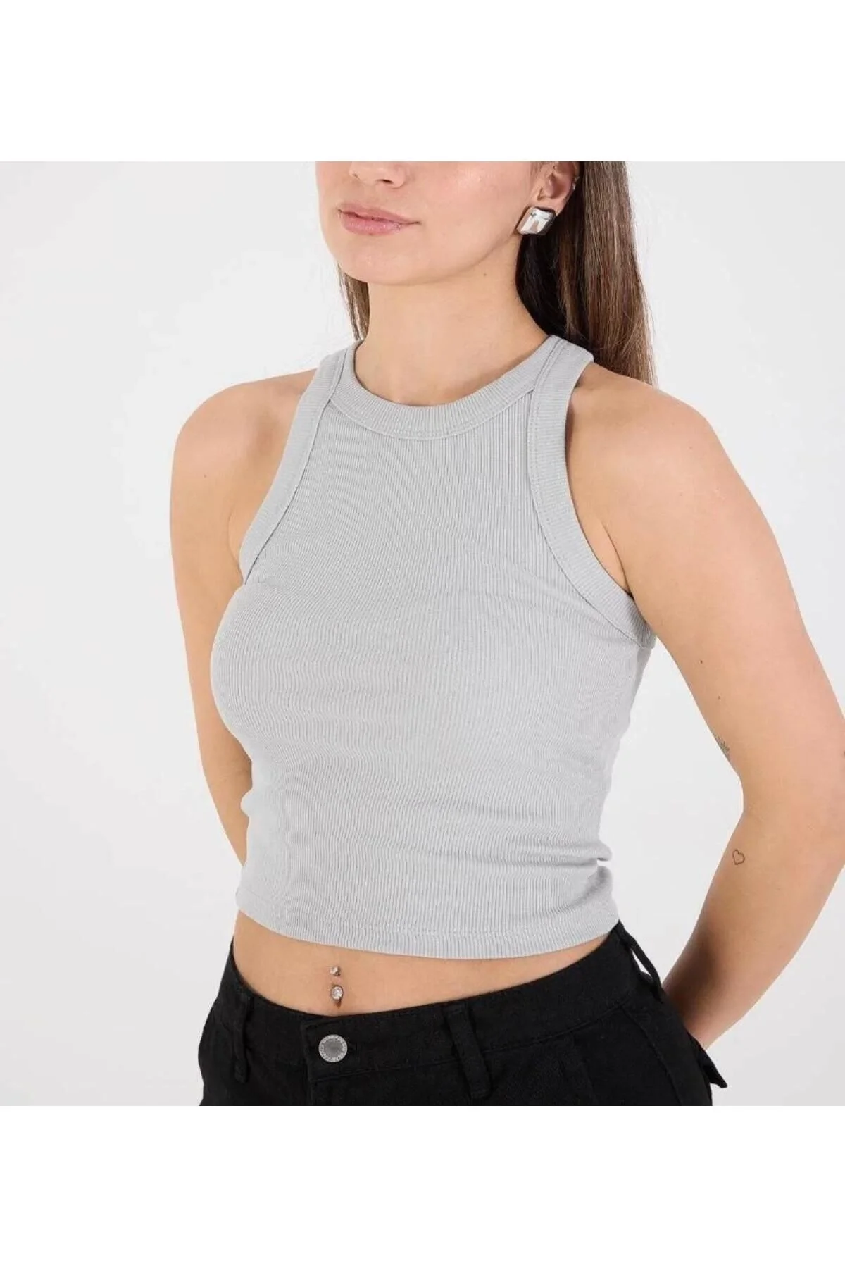 Kadın Halter Yaka Sıfır Kol Vücudu Saran Fitilli Kaşkorse Crop Atlet - Gri