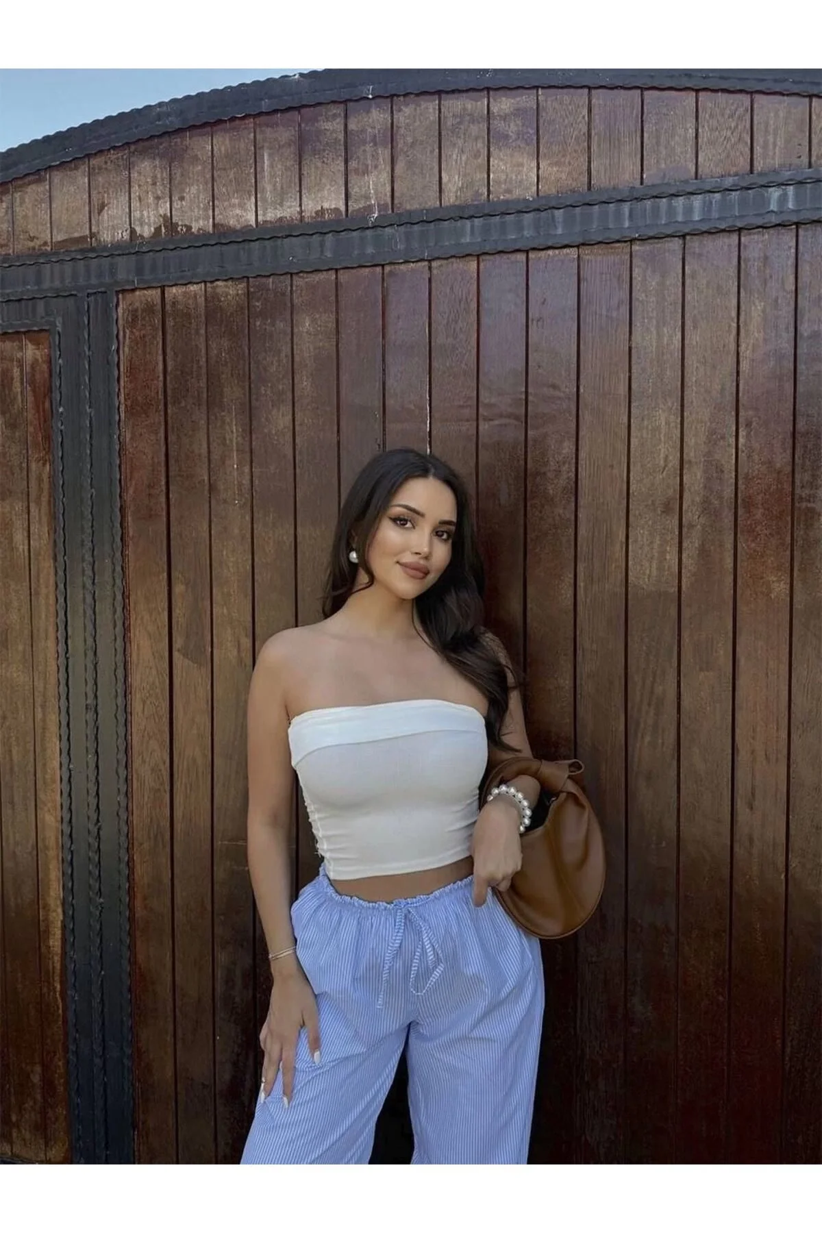 Kadın Straplez Vücudu Saran Göğüs Kıvrımlı Fitilli Kaşkorse Basic Crop Bluz - Beyaz