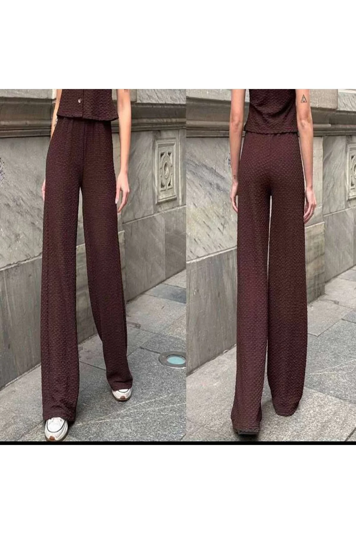 Kadın Yüksek Bel Beli Lastikli Gofre Kumaş Bol Paça Pantolon - Kahverengi