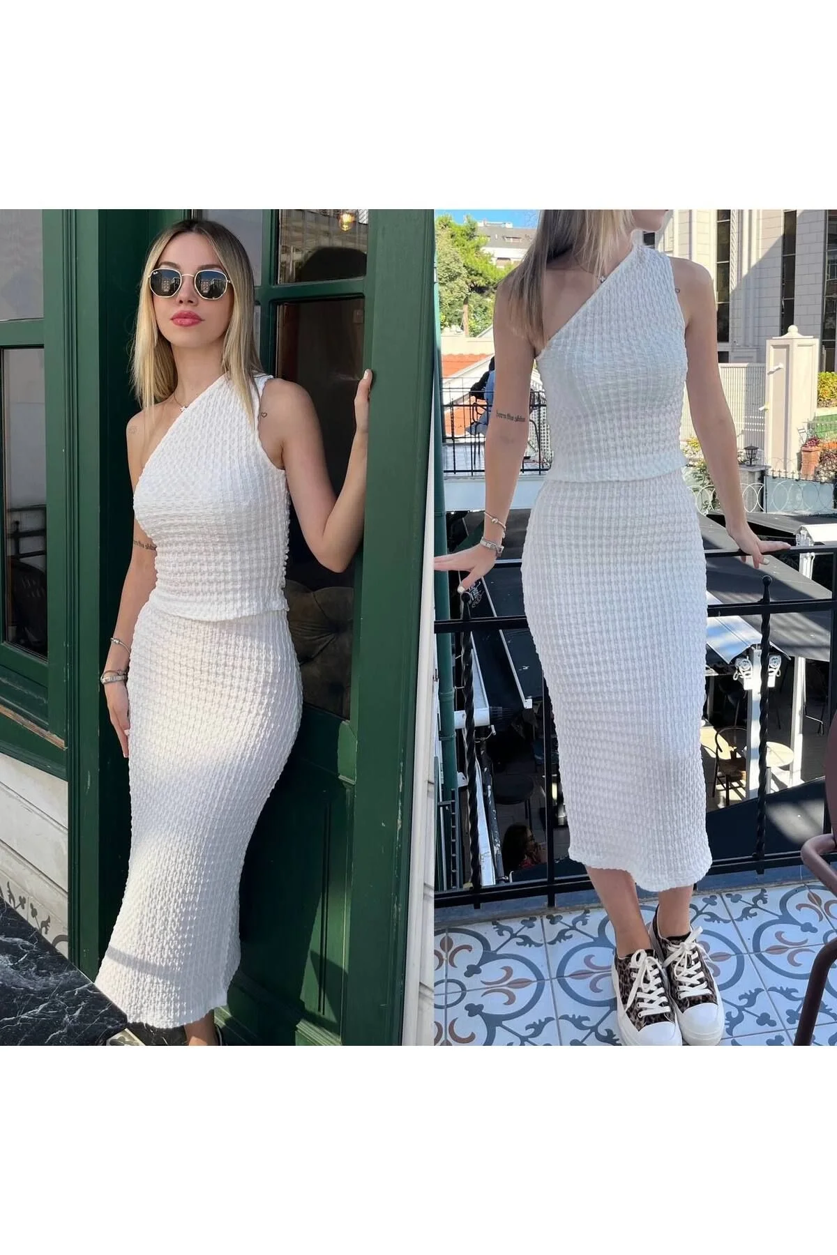 Kadın Tek Omuz Crop Bluz ve Yırtmaçlı Midi Boy Etek Gofre Kumaş Takım - Beyaz