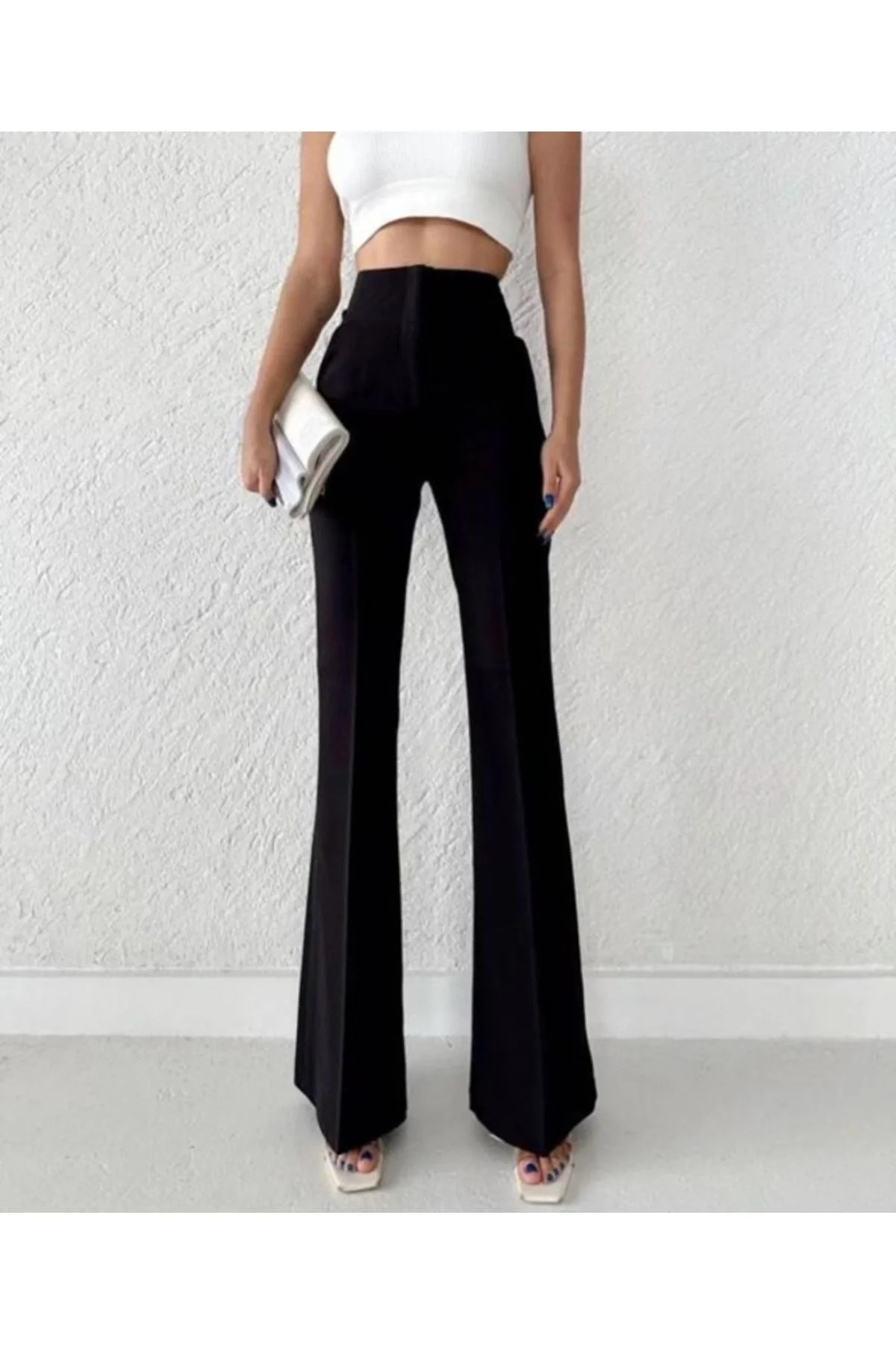 Kadın Yüksek Bel Toparlayıcı Atlas Kumaş Vücudu Saran İspanyol Paça Pantolon - Siyah