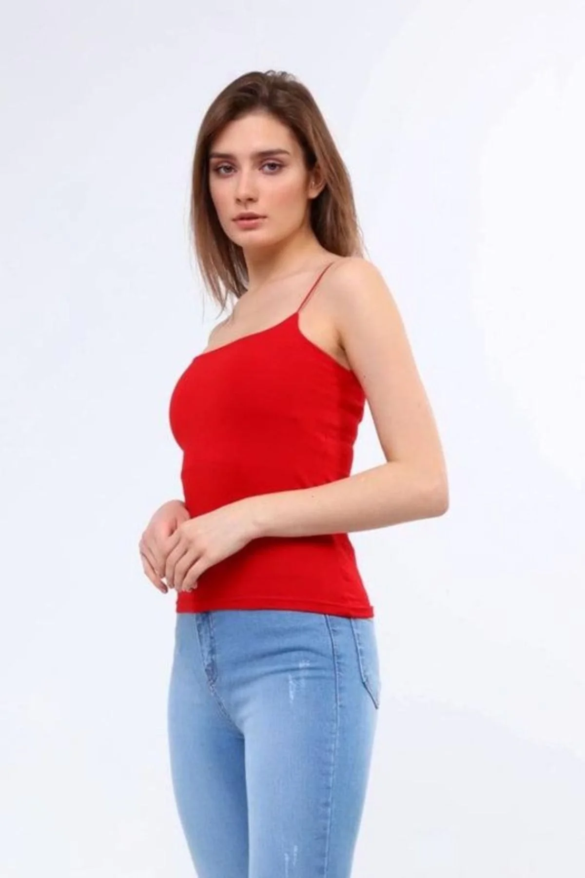 Kadın Kırmızı Kare Yaka İp Askılı Vücudu Saran Esnek Pamuklu Basic Atlet