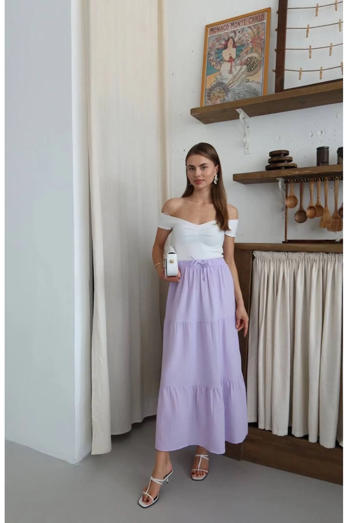 Kadın Yüksek Bel Beli Lastikli ve Bağcıklı Kat Kat Astarlı Poplin Uzun Etek - Lila