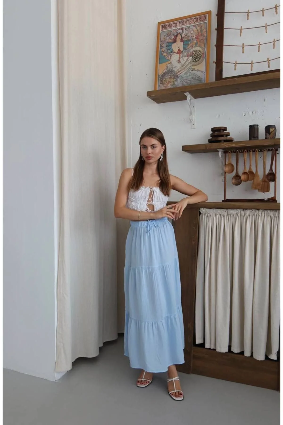 Kadın Yüksek Bel Beli Lastikli ve Bağcıklı Kat Kat Astarlı Poplin Uzun Etek - Mavi