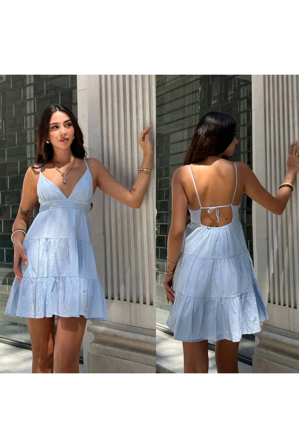 Kadın V Yaka İp Askılı Sırtı Bağlamalı Beli Lastikli Kat Kat Mini Elbise - Bebek Mavisi