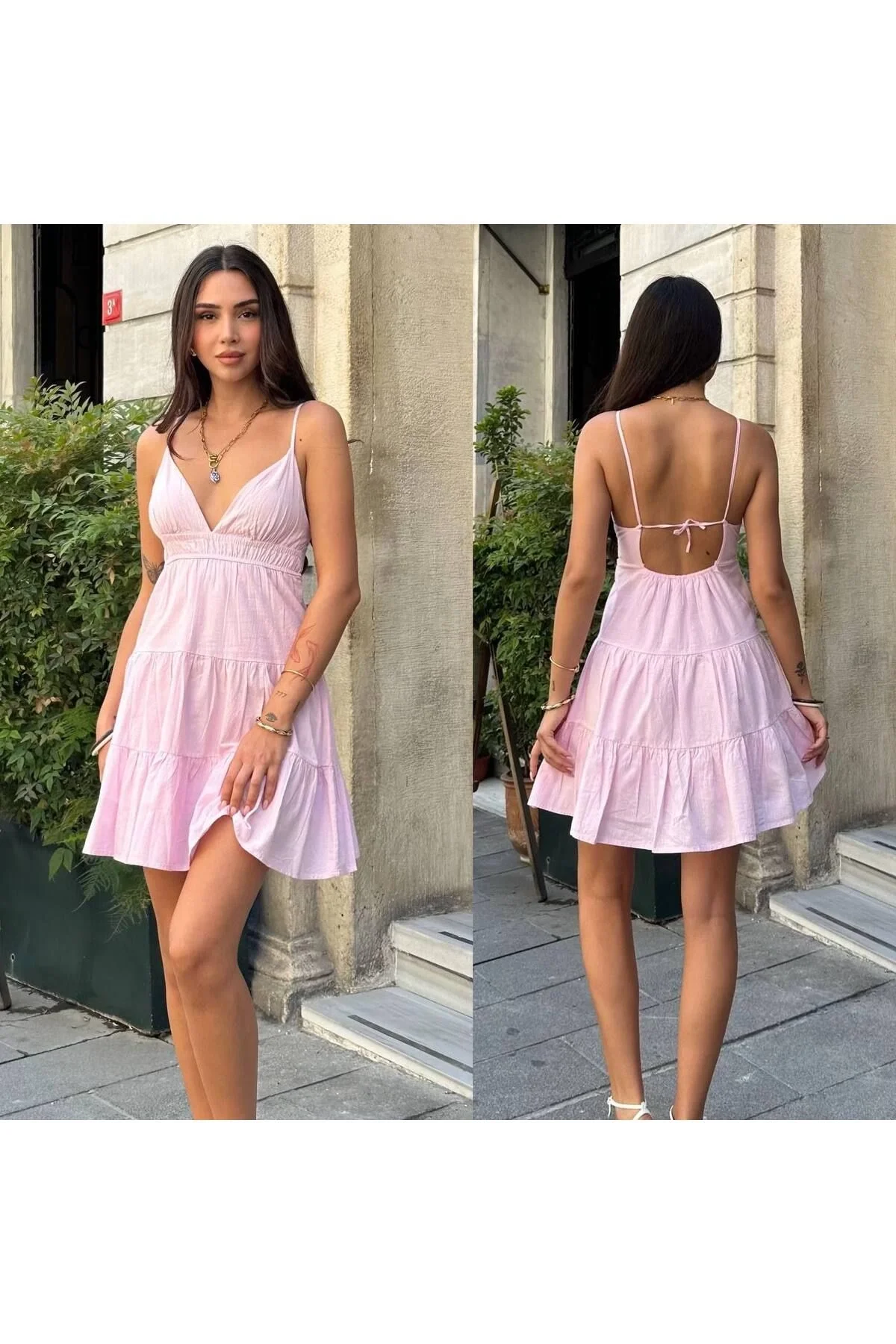 Kadın V Yaka İp Askılı Sırtı Bağlamalı Beli Lastikli Kat Kat Mini Elbise - Pembe