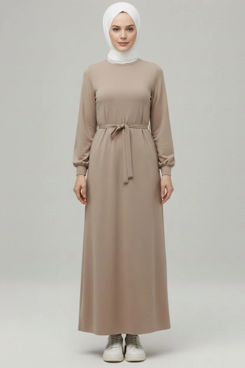 Kadın Bej Bisiklet Yaka Balon Kol Kuşaklı Kloş Kesim Modal Elbise