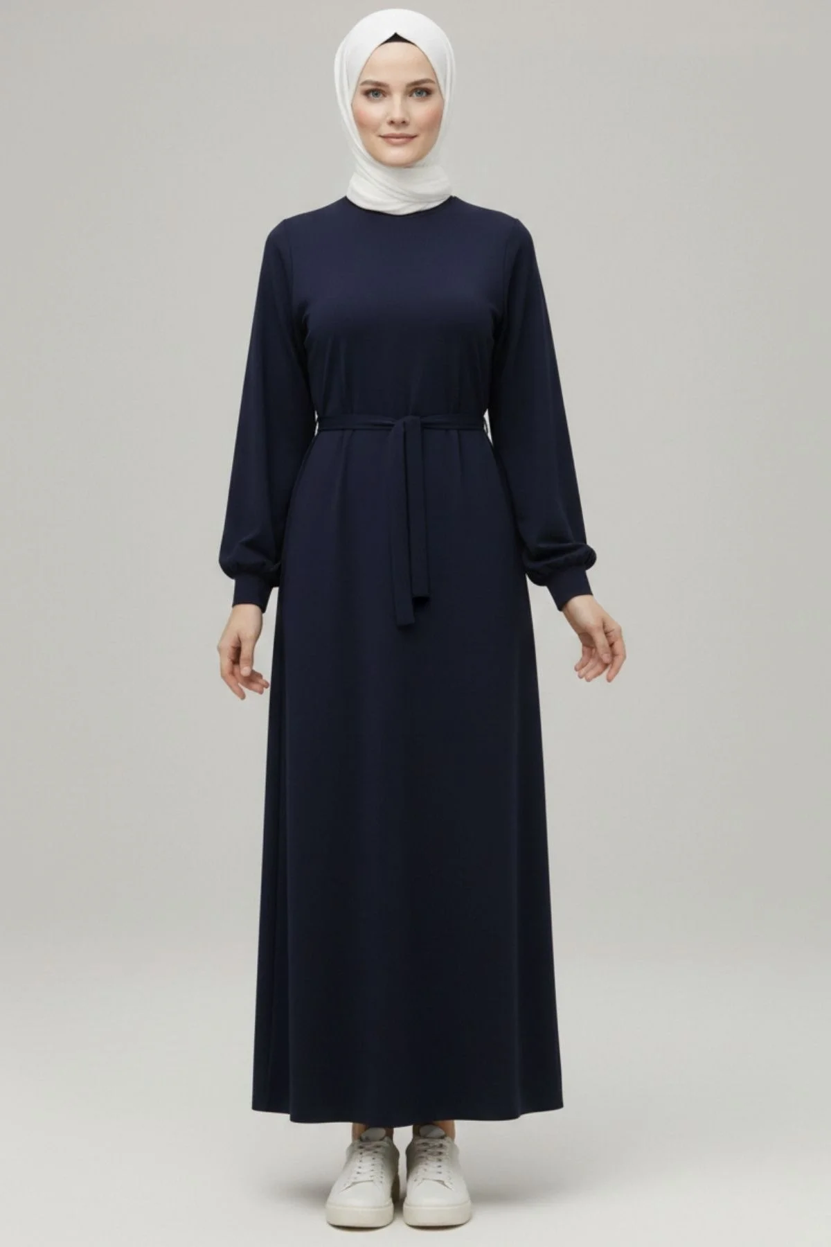 Kadın Lacivert Bisiklet Yaka Balon Kol Kuşaklı Kloş Kesim Modal Elbise