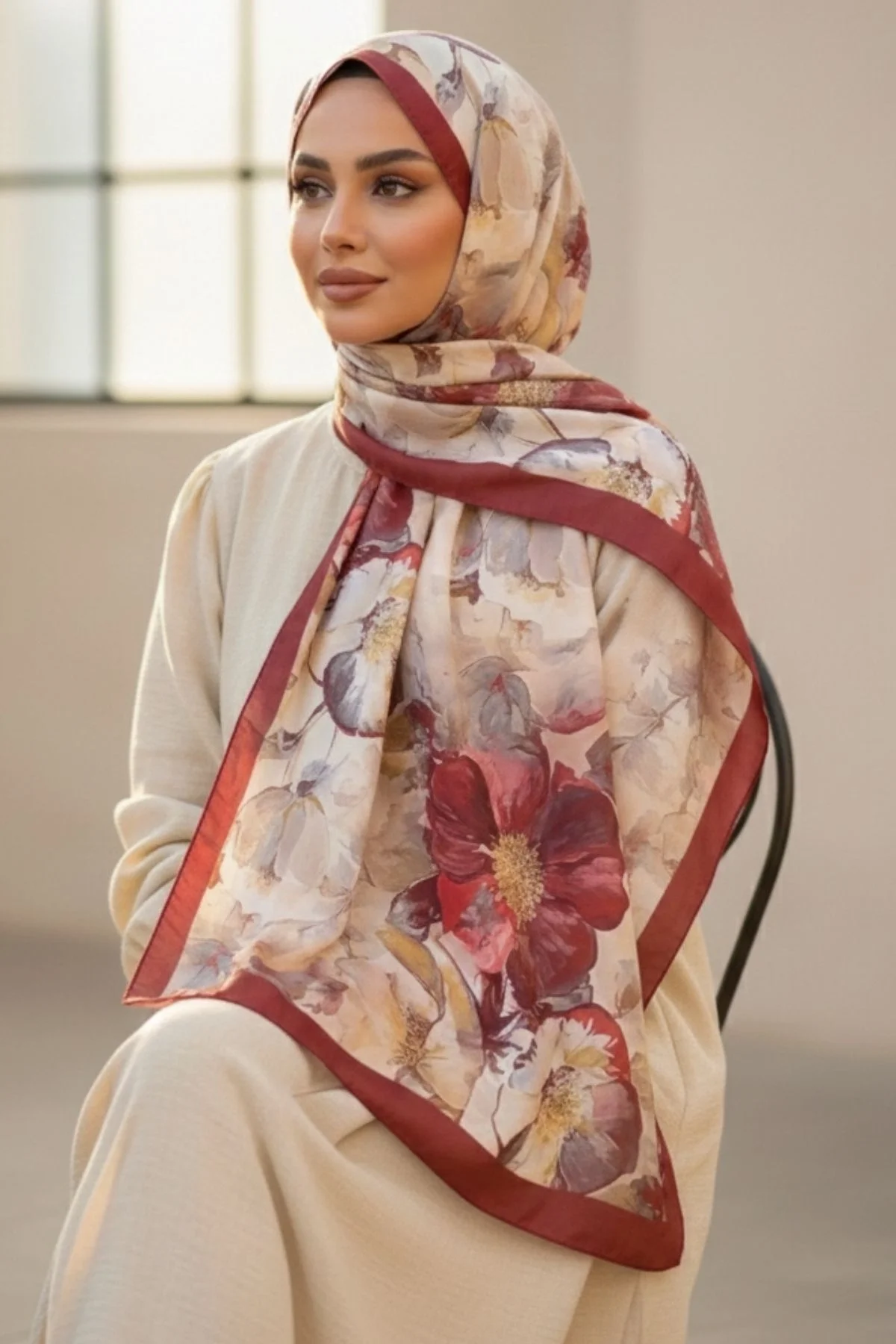 Kadın Bordo Çerçeveli Büyük Çiçek Desenli Pamuklu Soft Dokulu Mevsimlik Şal