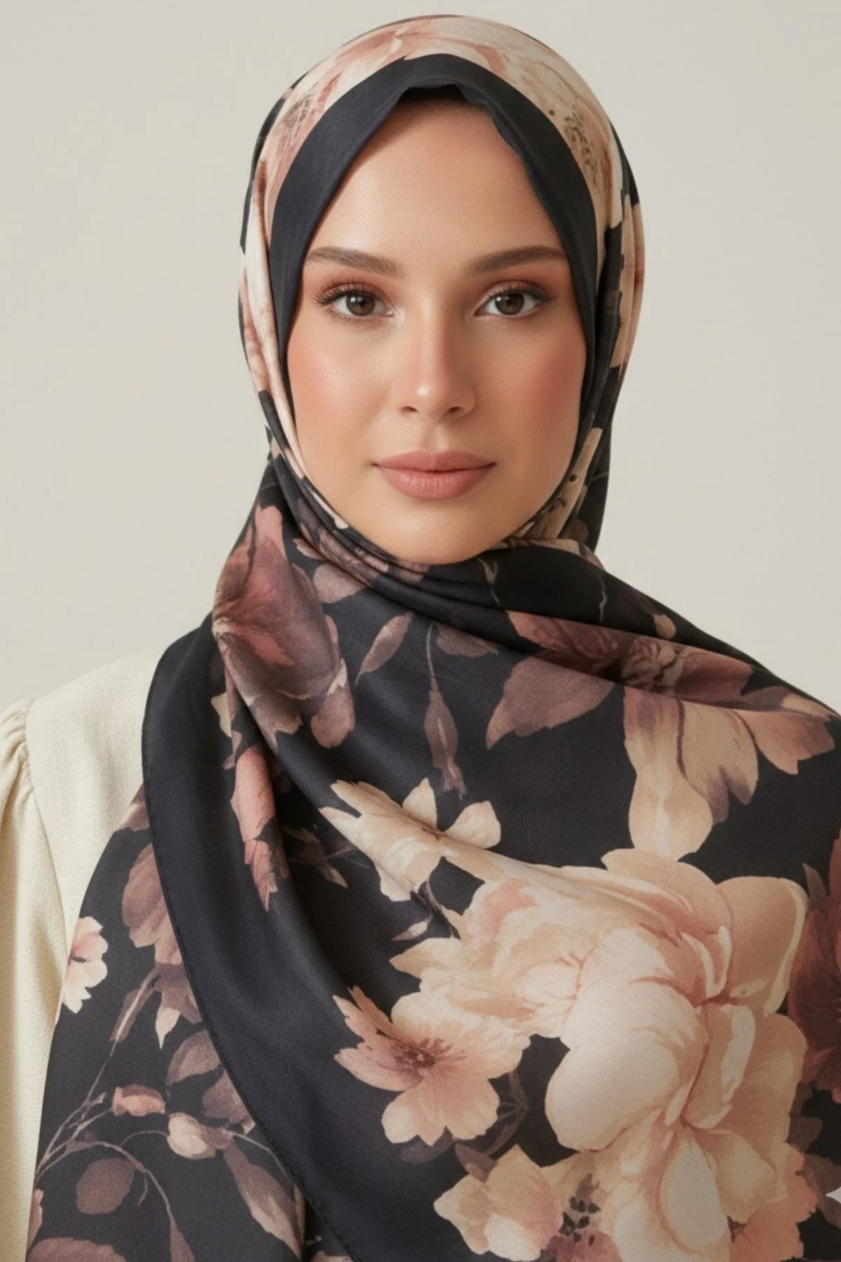 Kadın Kahverengi Çerçeveli Büyük Çiçek Desenli Pamuklu Soft Dokulu Mevsimlik Şal