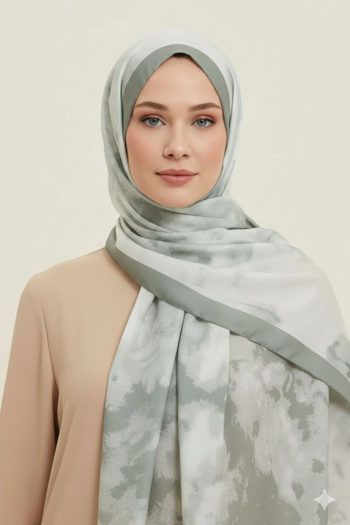 Kadın Açık Yeşil Ebruli Desenli Çerçeveli Pamuklu Soft Mevsimlik Tesettür Şal