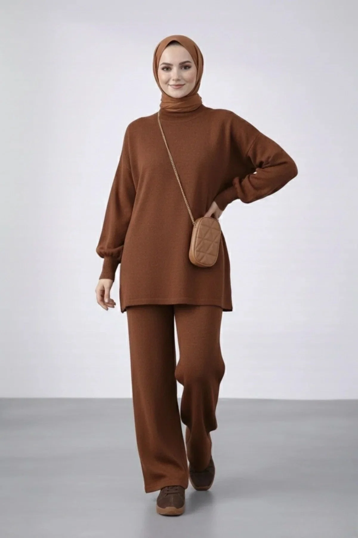 Kadın Acı Kahve Balon Kol Oversize Triko Tunik Pantolon İkili Takım