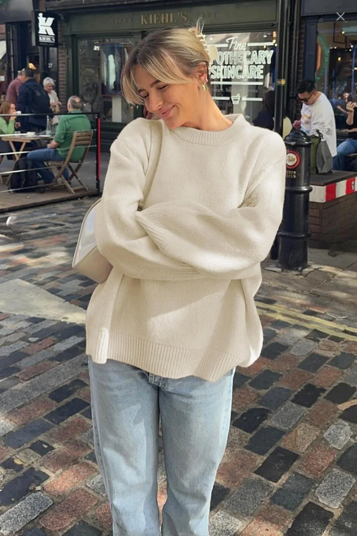 Kadın Ekru Bisiklet Yaka Balon Kol Oversize Triko Kazak