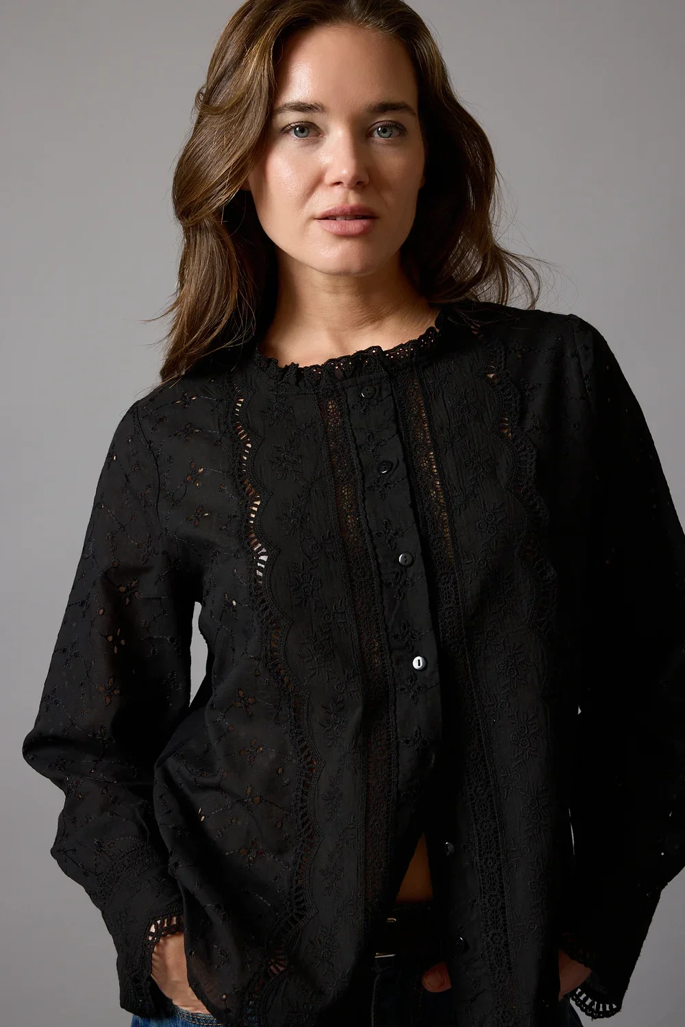 Kadın Siyah Fisto İşlemeli Dantel Garnili Bisiklet Yaka Pamuklu Pinterest Gömlek Bluz