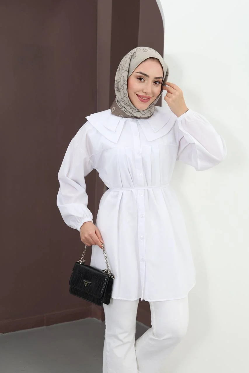 Kadın Beyaz Geniş Çift Yakalı Pileli Kuşaklı Dokuma Kumaş Uzun Tunik Gömlek