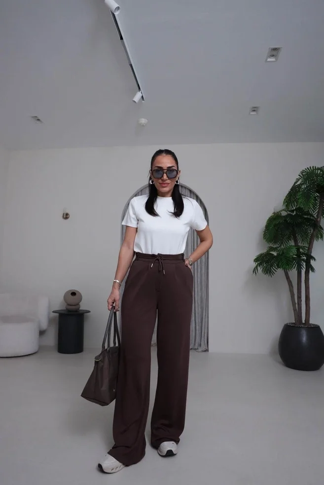 Kadın Acı Kahve Yüksek Bel Bağlamalı Bol Paça Dökümlü Yumuşak Modal Kumaş Pantolon