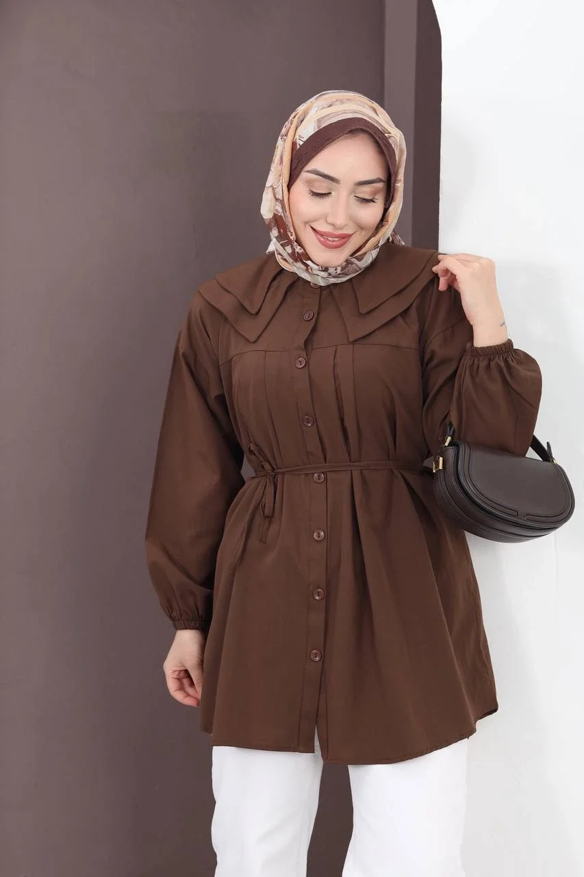 Kadın Kahverengi Geniş Çift Yakalı Pileli Kuşaklı Dokuma Kumaş Uzun Tunik Gömlek