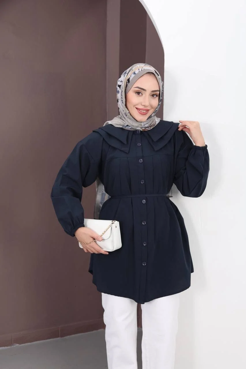 Kadın Siyah Geniş Çift Yakalı Pileli Kuşaklı Dokuma Kumaş Uzun Tunik Gömlek