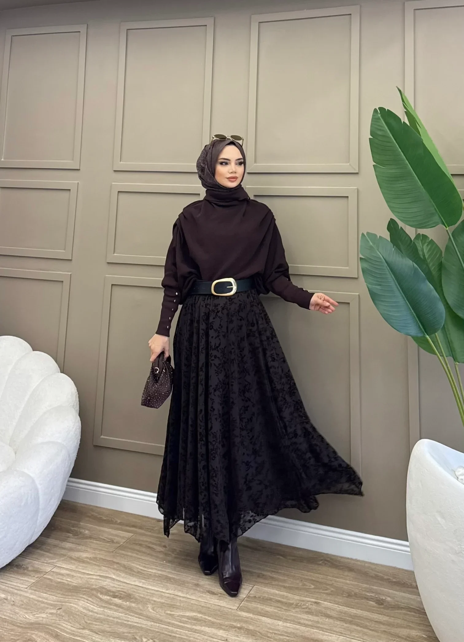 Kadın Acı Kahve Flok Baskılı Çiçek Desenli Tül Astarlı Mevsimlik Uzun Etek