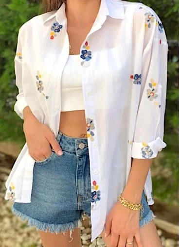 Kadın Beyaz Renkli Çiçek Nakışlı Oversize Pamuk Keten Gömlek