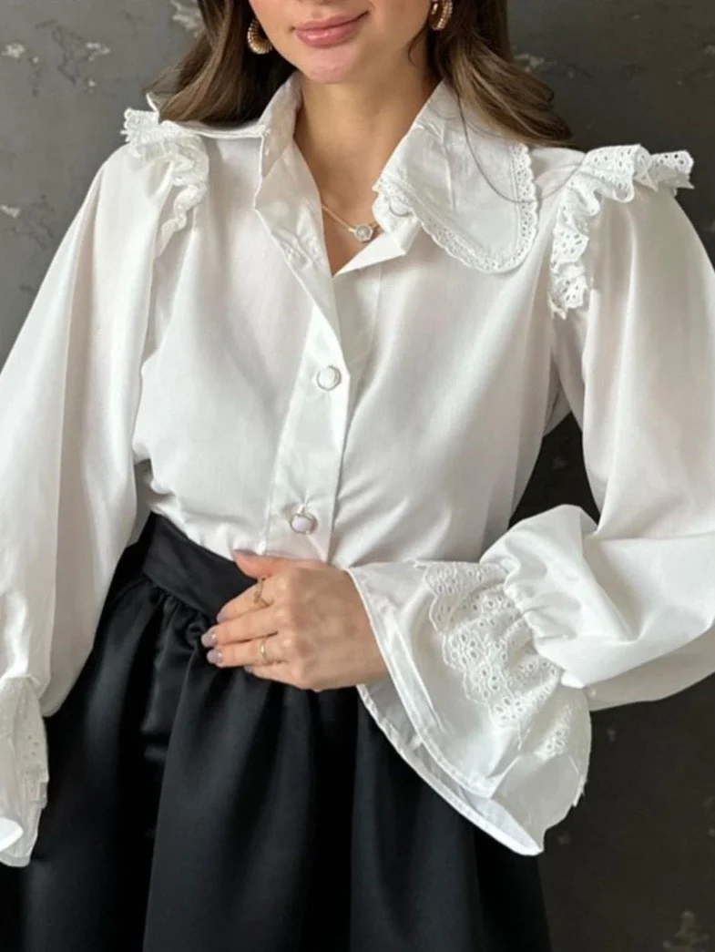 Kadın Beyaz Fisto Detaylı Geniş Yakalı Balon Kol Pamuk Keten Gömlek Bluz