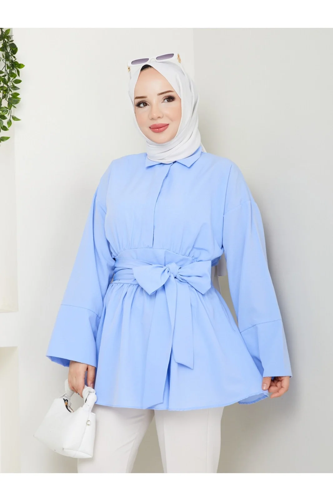 Kadın Buz Mavisi Belden Kuşaklı Geniş Kollu Keten Tunik Gömlek